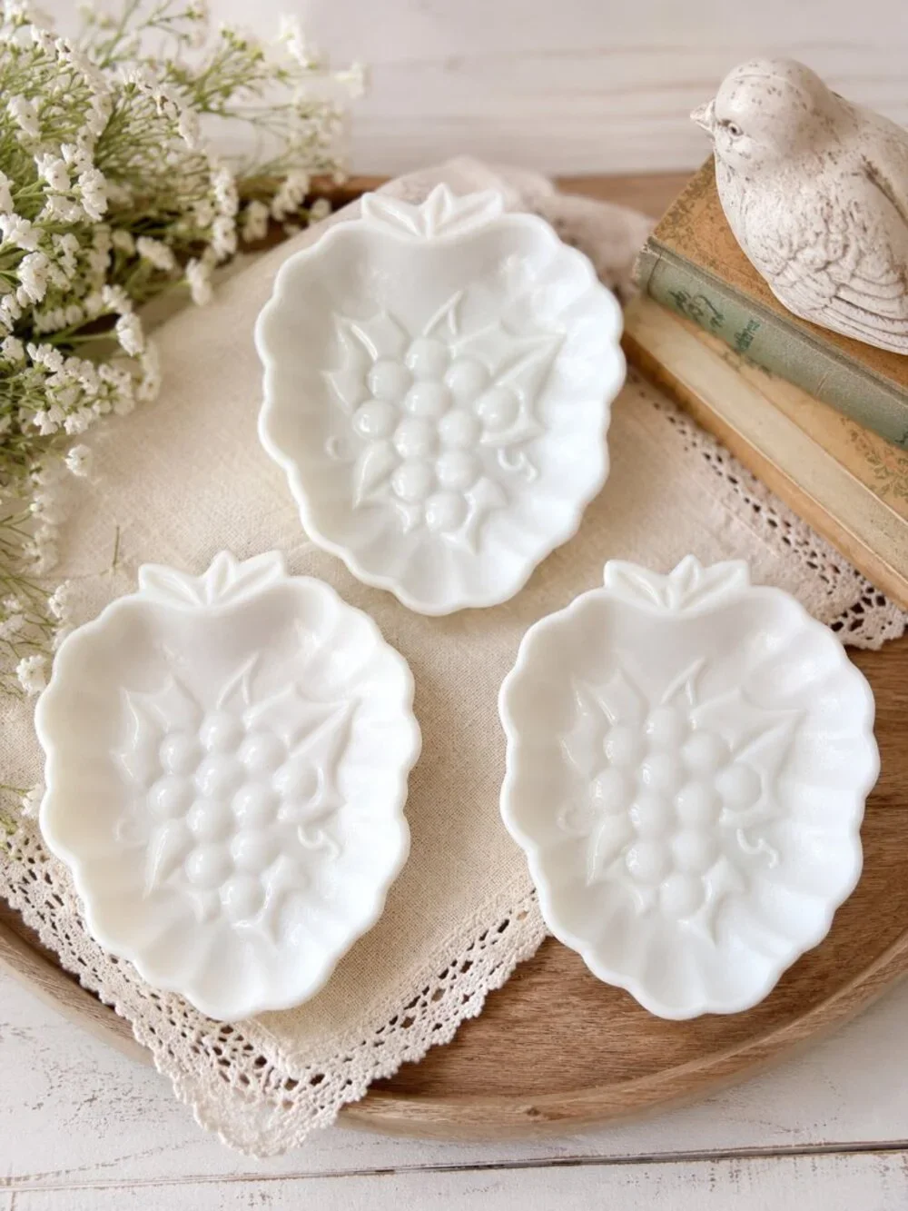 Vintage Milk Glass Grape & Leaf Dishes Set of 3 Embossed Scalloped Fruit Shape